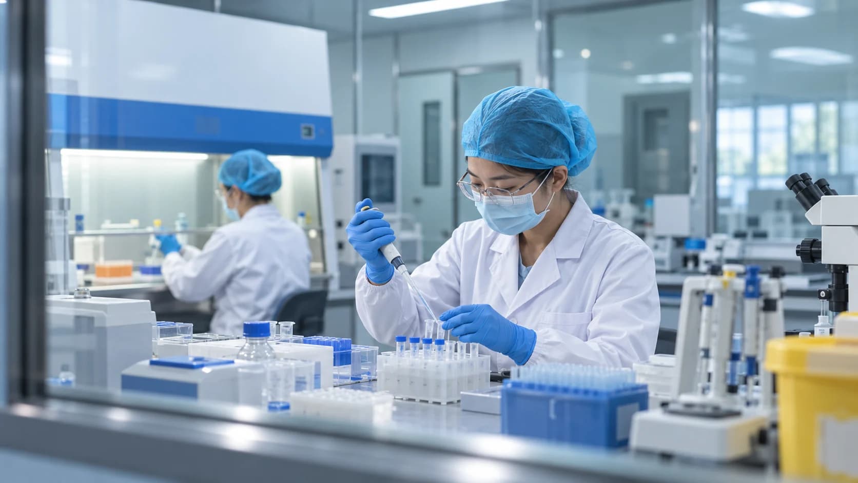 蓝白实验室中,工作人员在样本操作台使用移液器